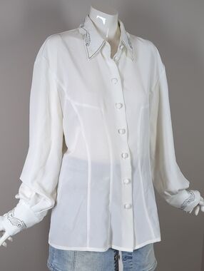 Vintage Button Up Blouse Elegant White with Embroidered Collar Jac Dale